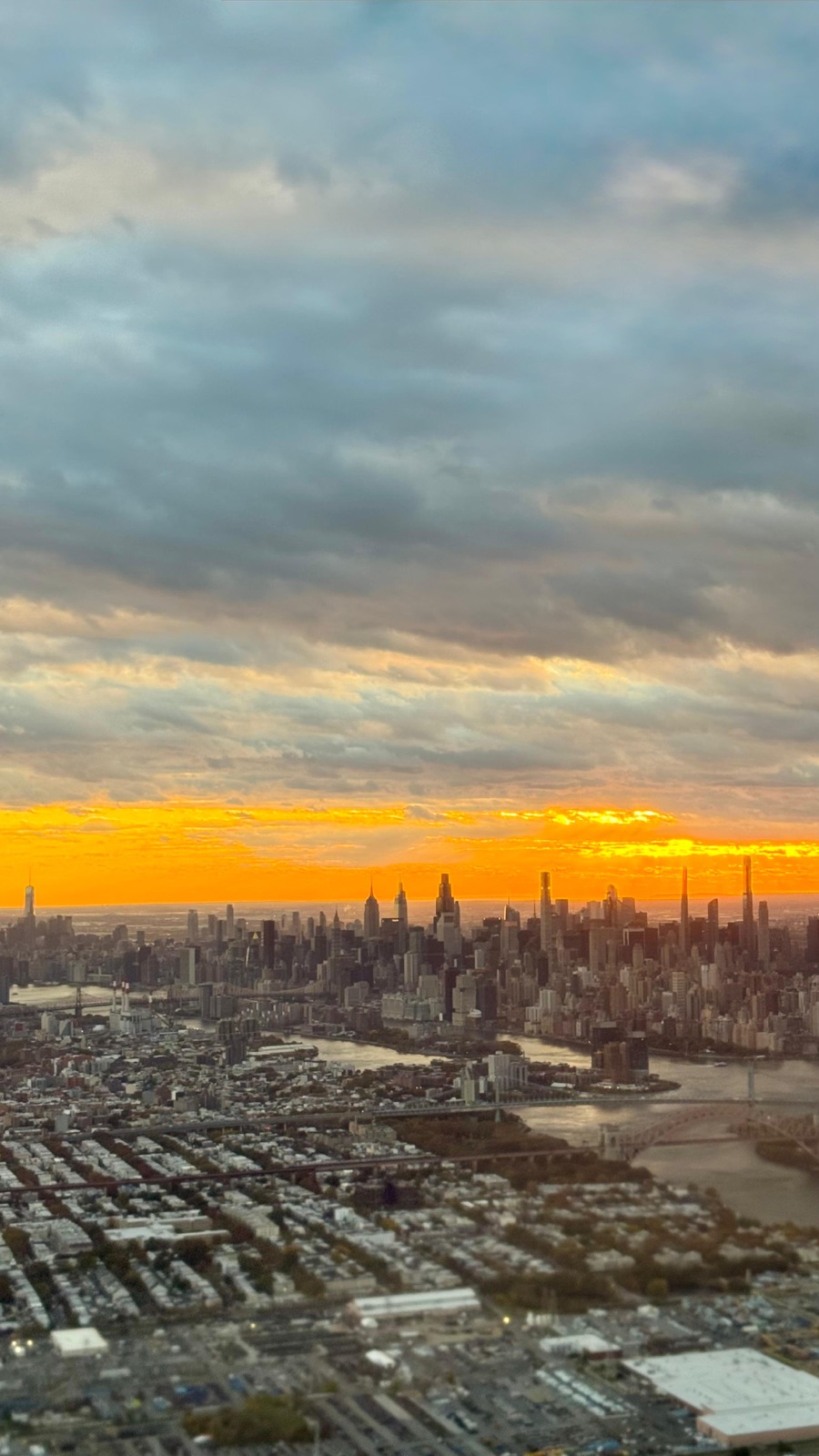 Aerial view of Manhattan at sunset from a plane